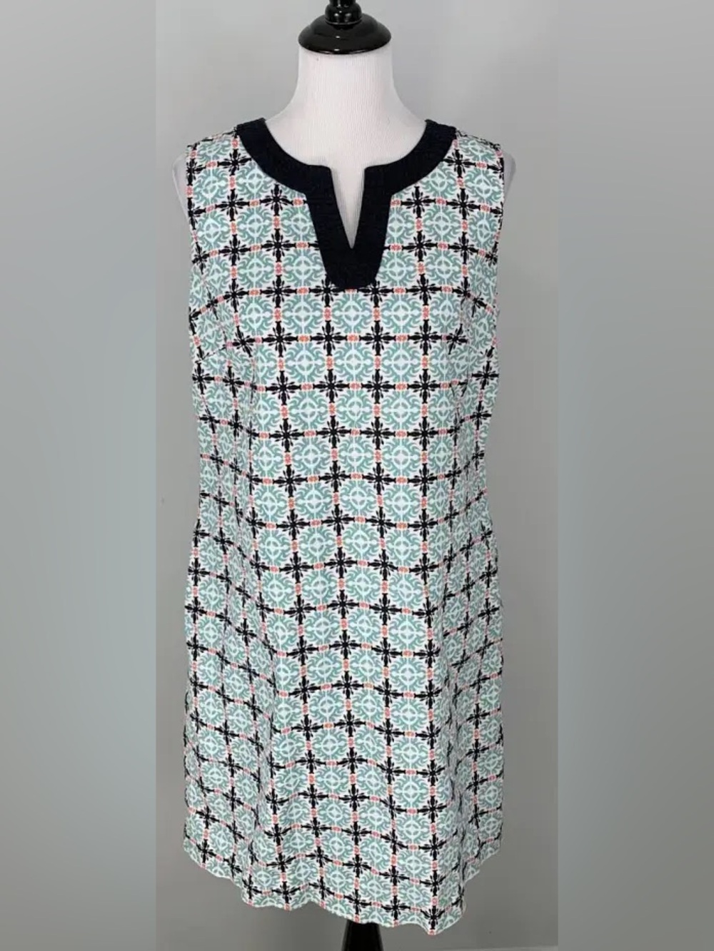 Talbots: 18W, Sleeveless Tile-Print Shift Dress in Mint and Navy